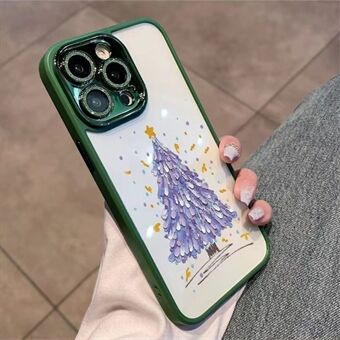 Voor iPhone 14 Pro Telefoonhoesje met kerstboompatroon Zachte TPU Bling Glitter Ring Achterkant met glazen lensfilm
