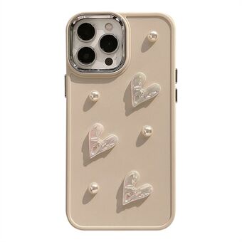 Voor iPhone 14 Pro 3D Heart Pearl Decor Shockproof TPU Cover Phone Back Case - Melkwit