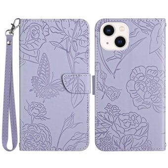 Imprinting Butterfly Flowers Phone Cover voor iPhone 14 Plus 6,7 inch, PU lederen Stand portemonnee beschermhoes met handige riem