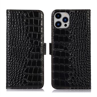 Voor iPhone 14 Plus 6.7 inch Krokodil Textuur RFID Blokkeren Stand Case Echt Rundleer Magnetische Sluiting Portemonnee Telefoon Cover