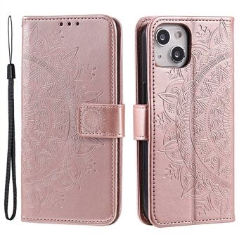Voor iPhone 14 Plus 6,7 inch Wallet Case Bedrukt Mandala Flower Pattern PU Leather Wrist Strap Stand Feature Flip Cover