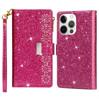Voor iPhone 14 Plus 6,7 inch Flip Cover, Laser Carving Glittery Starry Style Rits Portemonnee Stand Lederen Telefoon Case met Riem: