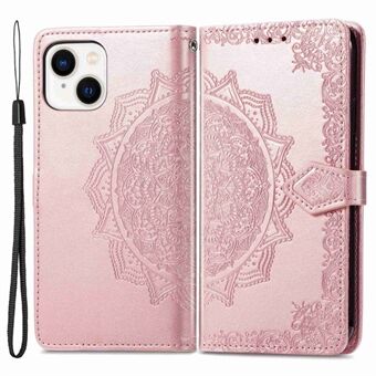 Voor iPhone 14 Plus 6.7 inch Schokbestendig PU Lederen Portemonnee Case Reliëf Mandala Patroon Stand Magnetische Beschermhoes met Riem: