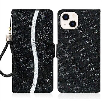 Voor iPhone 14 Plus Glitter Bling PU Lederen Opvouwbare Stand Telefoon Case Portemonnee Stijl Flip Shell met Polsband: