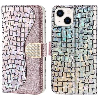 Voor iPhone 14 Plus Sparkly Glitter Splicing Stand Anti-fall Cover Krokodil Textuur Scratch PU Lederen Portemonnee Shell