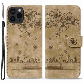 Voor iPhone 14 Plus Stand Wallet Leather Case Kersenbloesem Kat Bedrukt Magnetische Sluiting Telefoon Cover met Riem: