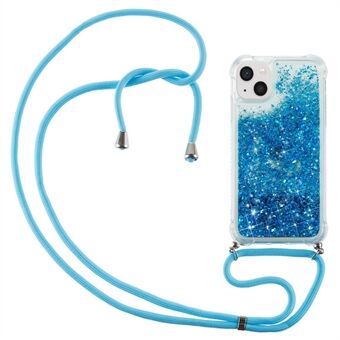 Voor iPhone 14 Plus Clear Drijfzand Glitter Vloeibare Vloeistof Case Soft TPU Hoeken Kussen Achterkant met Lange Lanyard:
