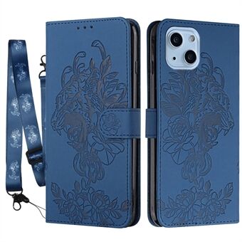 Voor iPhone 14 Plus Tijgerpatroon Opdruk PU-leer Volledige bescherming Telefoonhoes Stand Wallet Cover met riem:
