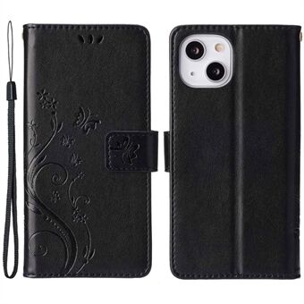Voor iPhone 14 Plus Anti Scratch Telefoon Case Bedrukte Vlinders PU Lederen Flip Wallet Cover Stand Beschermende Telefoon Shell met Riem