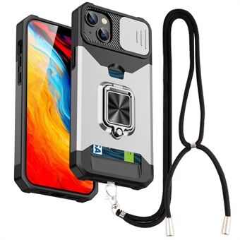 Voor iPhone 14 Plus Kickstand PC + TPU Phone Case Slide Camera Bescherming Kaarthouder Cover met Lanyard: