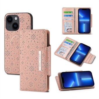 Voor iPhone 14 Plus Blad bedrukt Glitter Bloem Ontwerp Afneembare Telefoon Case PU Leer + TPU Drop-proof Cover met Portemonnee