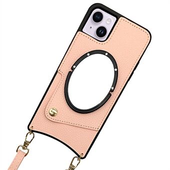 Voor iPhone 14 Plus Fish Tail Design PU-leer gecoat TPU-telefoonhoesje Spiegelfunctie Kaarthouder Cover met schouderriem