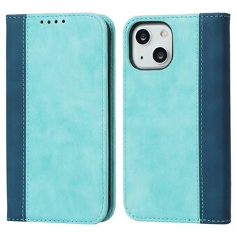 Voor iPhone 14 Plus Bi-color Splicing Kalf Textuur PU Leer Drop-proof Case Magnetische Auto-geabsorbeerd Telefoon Wallet Stand Cover