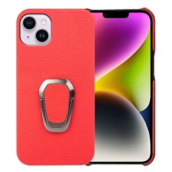 Voor iPhone 14 Plus echt leer gecoate pc-beschermende telefoonhoes Ring Standaardontwerp Litchi-textuur Antislip schokbestendig hoesje