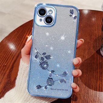 Voor iPhone 14 Plus Gradiënt Glitter Poeder Flexibele TPU Cover Strass Decor Bloem Design Anti-drop Anti- Scratch Case