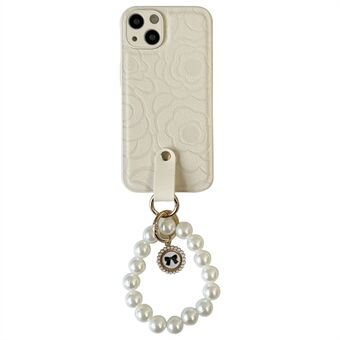 Voor iPhone 14 Plus Camellia patroon TPU + PU lederen schokbestendige hoes Pearl Chain telefoonhoes met schouderriem