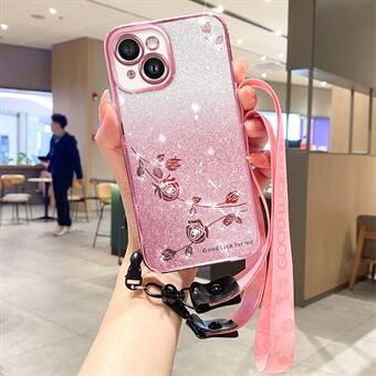TPU-telefoonhoes voor iPhone 14 Plus , bloemontwerp strass-glitter schokbestendig hoesje met riem