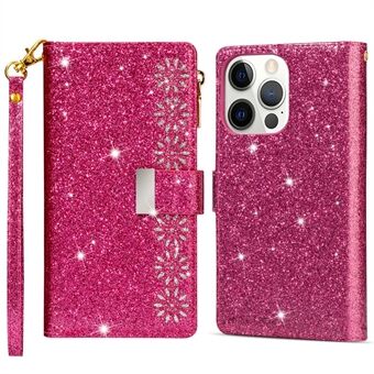 Voor iPhone 14 Pro Max 6.7 inch Flip Cover, Fall Proof Laser Carving Glittery Starry Style Rits Portemonnee Stand Lederen Telefoon Case met Riem