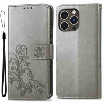 Voor iPhone 14 Pro Max 6.7 inch Schokbestendig Telefoon Flip Wallet Case Stand klavertje vier Patroon bedrukt Mobiele telefoon Cover met Riem
