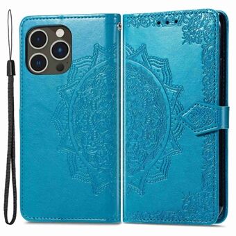 Voor iPhone 14 Pro Max 6.7 inch PU Lederen Portemonnee Case Reliëf Mandala Patroon Stand Magnetische Beschermhoes met Riem: