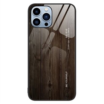 Voor iPhone 14 Pro Max 6.7 inch Houtstructuur Slanke Telefoon Case Gehard Glas Achterkant TPU Frame Beschermhoes: