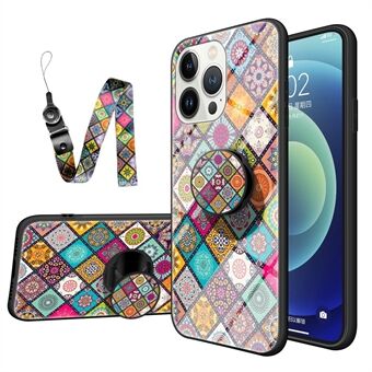 Voor iPhone 14 Pro Max 6.7 inch Anti-shock Bloemenpatroon Gehard Glas + Hard PC Mobiele Telefoon Case Soft TPU Kickstand Protector met Lanyard