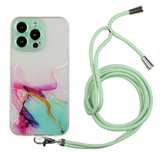 Marmeren patroonhoes voor iPhone 14 Pro Max 6,7 inch, reliëf-valbestendige TPU-hoes voor mobiele telefoon met lanyard