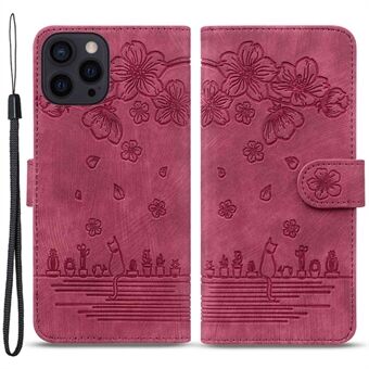 Voor iPhone 14 Pro Max 6.7 inch Kersenbloesem Kat Bedrukt Telefoonhoesje Lederen Portemonnee Stand Cover met Riem: