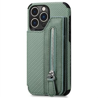 Voor iPhone 14 Pro Max 6.7 inch Zak met ritssluiting Koolstofvezel Textuur Kickstand Portemonnee Functie Leer Gecoate TPU Telefoon Case:
