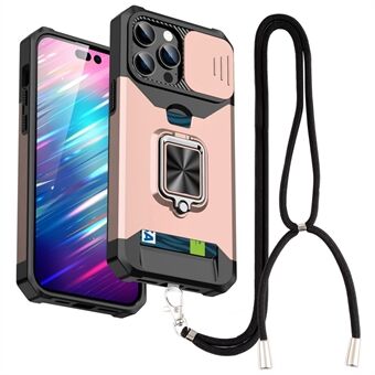 Voor iPhone 14 Pro Max Kickstand Telefoon Shell Card Slot Slide Camera Cover PC + TPU Mobiele Telefoon Case met Riem: