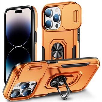 Voor iPhone 14 Pro Max Ring Kickstand Hard PC + Soft TPU Case Slide Camera Protector Phone Cover met Car Mount Metal Sheet