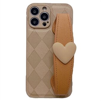 Voor iPhone 14 Pro Max Rhombus bedrukt PU-leer Gecoat PC + TPU Telefoon Cover Back Shell met Love Heart Polsband