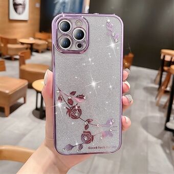 Galvaniseren TPU telefoonhoesje voor iPhone 14 Pro Max, strass decor bloemenpatroon decor glitterpoeder beschermende mobiele telefoonhoes
