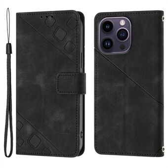 PT005 YB Imprinting Series-6 Leather Shell voor iPhone 14 Pro Max Skin Touch Stand Portemonnee Schokabsorberend hoesje