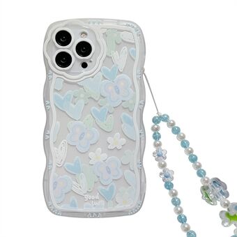 Voor iPhone 14 Pro Max transparant telefoonhoesje hartvorm vlinderpatroon TPU hoes met kralenketting