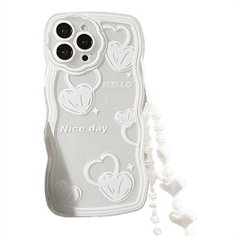 TPU-schaal voor iPhone 14 Pro Max doorzichtige hoes met hartpatroon golvende Edge mobiele telefoonhoes met polsband