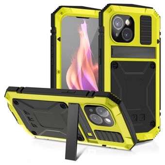 R-JUST Volledige bescherming Kickstand hoesje voor iPhone 15, PC+Silicone+Metalen telefoonhoesje met gehard glas folie.