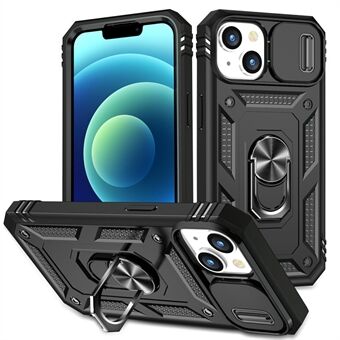 Voor iPhone 15 Kickstand Telefoonhoesje PC+TPU Schuifbare Camera Beschermingshoesje met Kaartsleuf