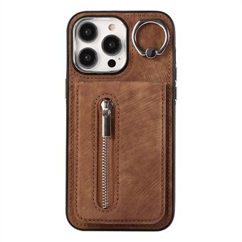 Voor de iPhone 15 Zipper Pocket hoes met ritszakje, bedekt met leer en voorzien van een TPU-telefoonhoes met handriem.