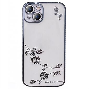 Achterkant hoesje voor iPhone 15, met strass versiering, elektroplatering en bloemenpatroon van TPU.