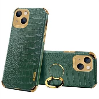 Voor iPhone 15 Krokodillen Texture Ring Kickstand Telefoonhoesje Electroplated Leder+TPU Cover