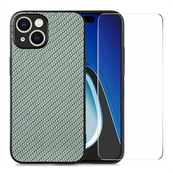 ENKAY HAT PRINCE Koolstofvezel Telefoonhoesje voor iPhone 15 Lederen+PC Cover met Hoog Aluminium-silicium Glasfolie