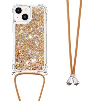 YB Quicksand Series-4 voor iPhone 15 Plus Glitter Bling Liquid hoesje met versterkte hoeken, TPU telefoonhoesje met bandje.