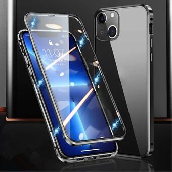 Telefoonhoesje voor iPhone 15 Plus met magnetische adsorptie, metalen frame + dubbelzijdig gehard glazen doorzichtige telefoonhoes.