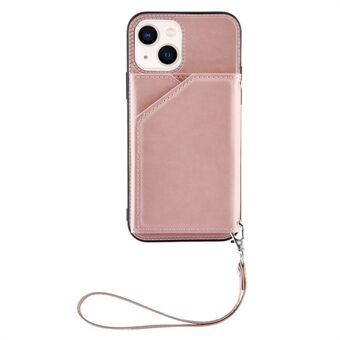 YB Leather Coating Serie-2 voor iPhone 15 Plus Kickstand Telefoonhoesje Leer+TPU Kaarthouder Cover met Bandje.