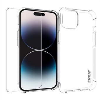 ENKAY HAT PRINCE voor iPhone 15 Plus Transparante TPU-hoes Antislip Telefoonhoes met hoog aluminium-siliconen glas beschermfolie voor het scherm.