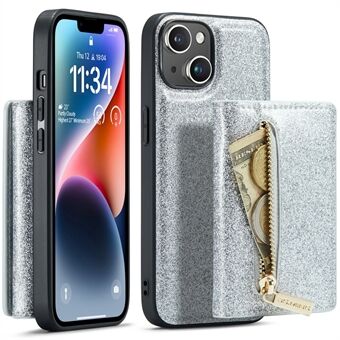 DG.MING M3-serie voor iPhone 15 Plus Kickstand Wallet Case met glinsterend lederen coating PC+TPU Afneembare magnetische telefoonhoes.