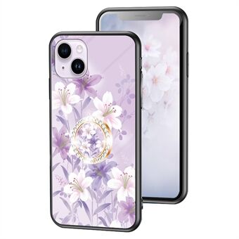 Voor de iPhone 15 Plus Flower Pattern Ring Kickstand Cover wordt een schokbestendige telefoonhoes geleverd van gehard glas, PC en TPU.