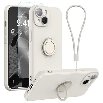 Polsband Telefoonhoesje voor iPhone 15 Plus, Ringhouder Kickstand Vloeibare Siliconen Hoes met Gehard Glas Schermfolie