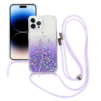 Glitter Gradiënt Epoxy Anti-Kras Telefoonhoesje voor iPhone 15 Plus Quicksand Schokbestendige TPU Hoesje met Dunne Lanyard